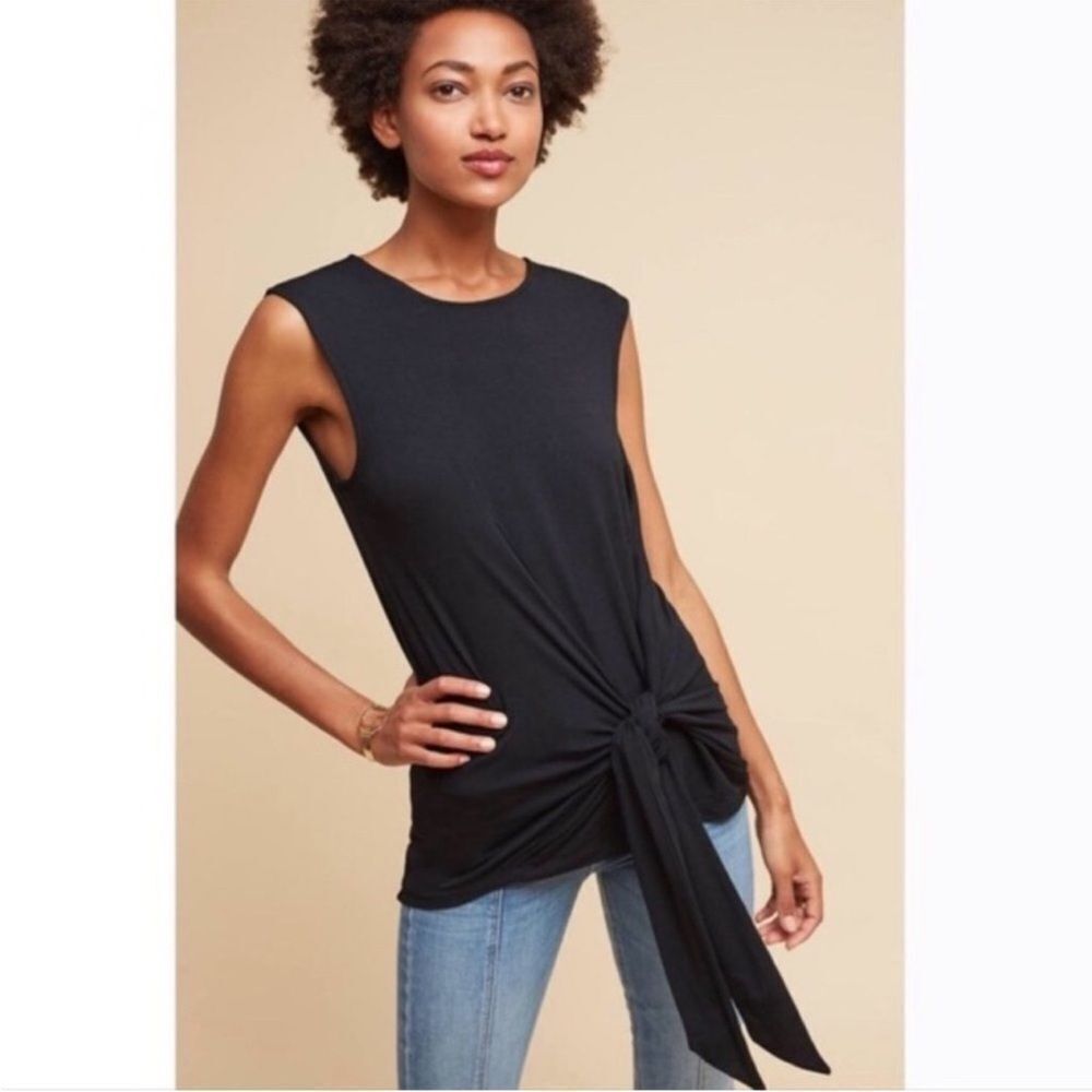 NWT ANTHROPOLOGIE Vanessa Virginia Black Tie-Front Tunic Tee Size small NEW